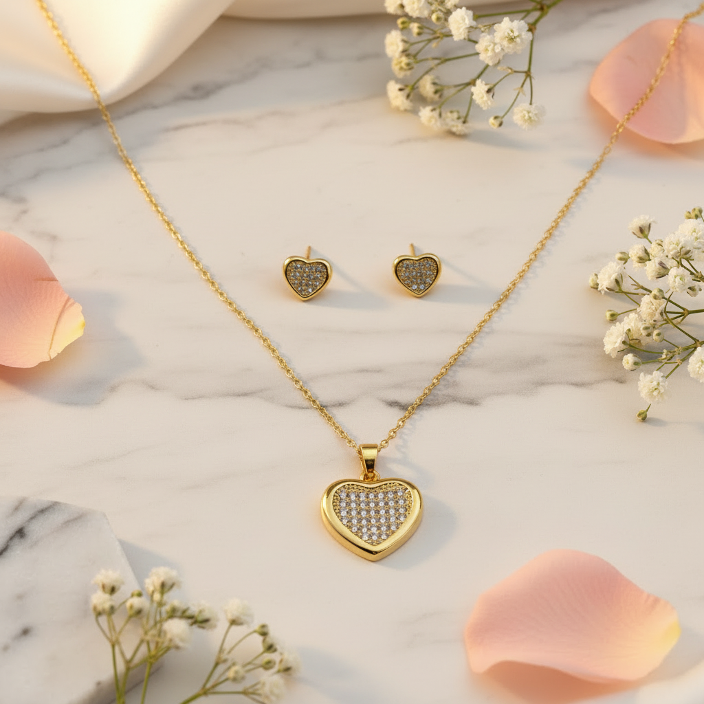 Heart jewelry set on marble with roses at angle