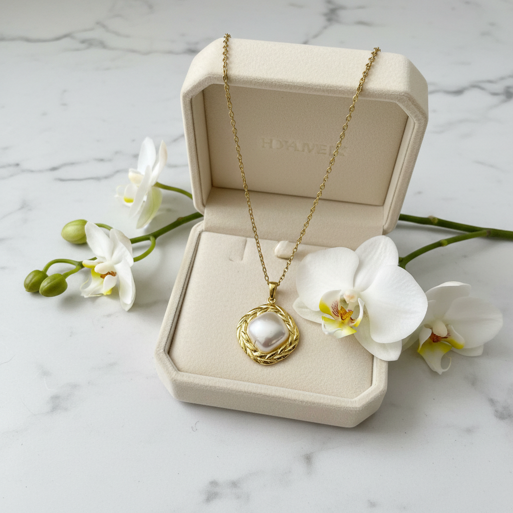 Pearl pendant styled with velvet box and orchid flowers