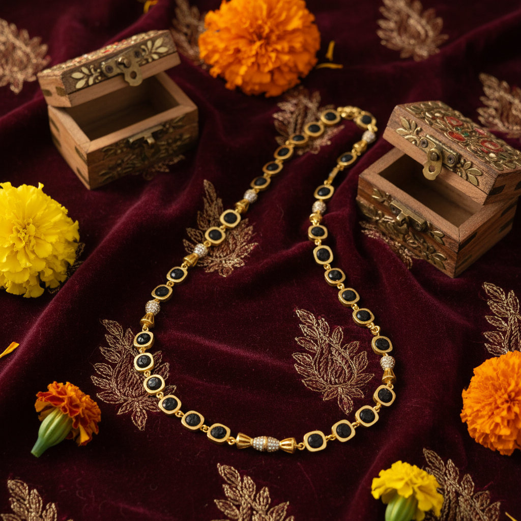 Rudraksh mala on burgundy velvet with marigolds
