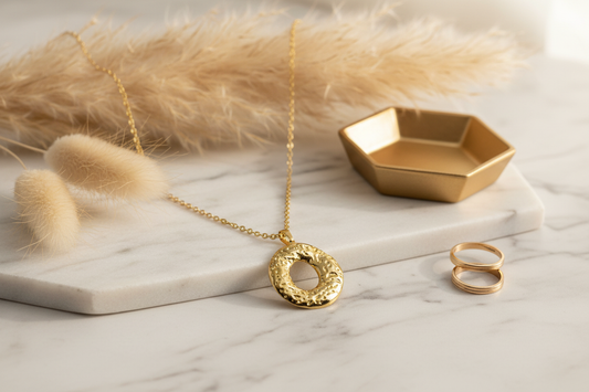 Textured circle pendant - lifestyle with props