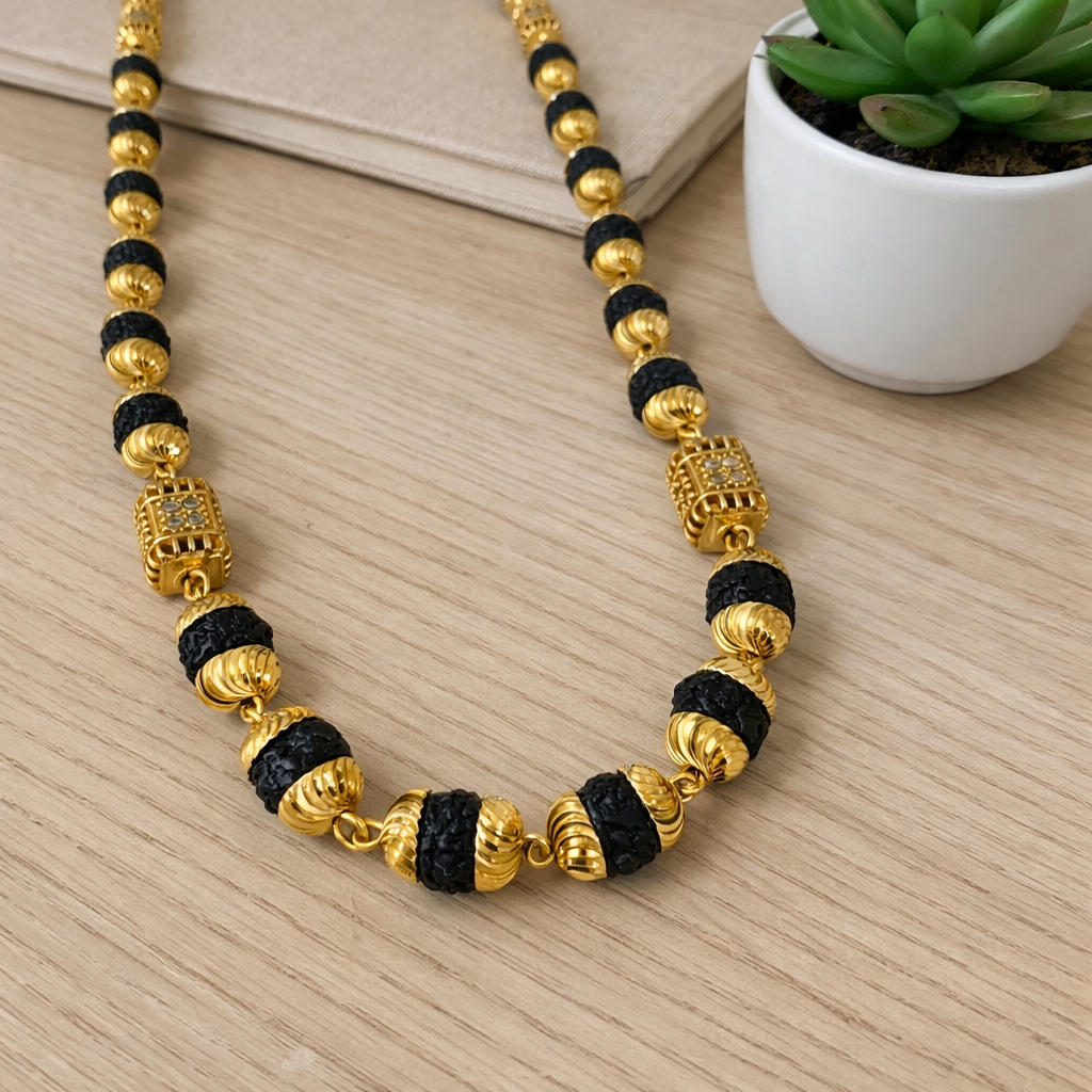 1 Gram Gold Plated - Premium Gold-Capped Rudraksha Mala with Designer Beads | SJ-RM-014