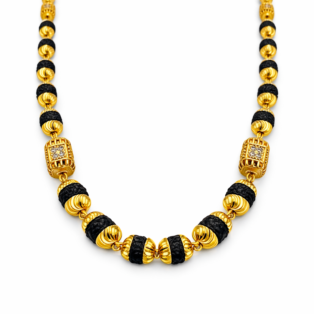 1 Gram Gold Plated - Premium Gold-Capped Rudraksha Mala with Designer Beads | SJ-RM-014