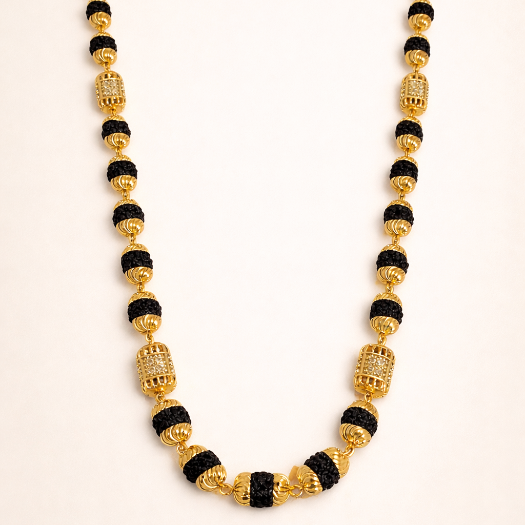 1 Gram Gold Plated - Premium Gold-Capped Rudraksha Mala with Designer Beads | SJ-RM-014