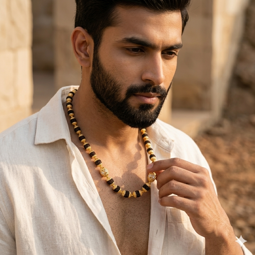 Premium Rudraksha Mala with Gold Beads — Sacred & Handcrafted | SJ-RM-016