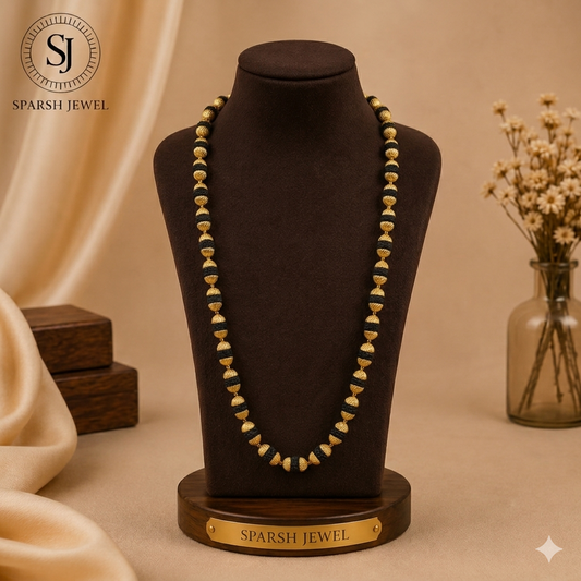 1 Gram Gold Plated - Black Rudraksha Necklace with Gold Caps - 7mm Premium Mala | SJ-RM-008