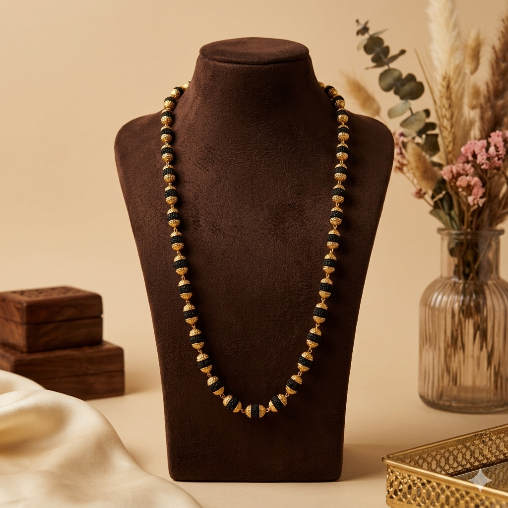 1 Gram Gold Plated - Black Rudraksha Necklace with Gold Caps - 7mm Premium Mala | SJ-RM-012