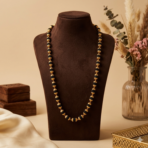 1 Gram Gold Plated - Black Rudraksha Necklace with Gold Caps - 7mm Premium Mala | SJ-RM-012