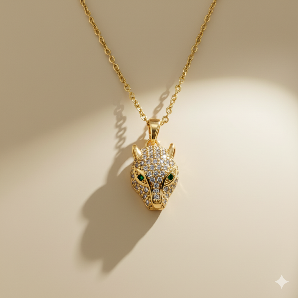 Gold Panther Pendant Necklace with Crystal & Emerald Eyes
