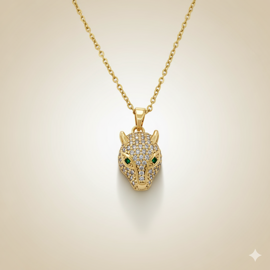 Gold Panther Pendant Necklace with Crystal & Emerald Eyes