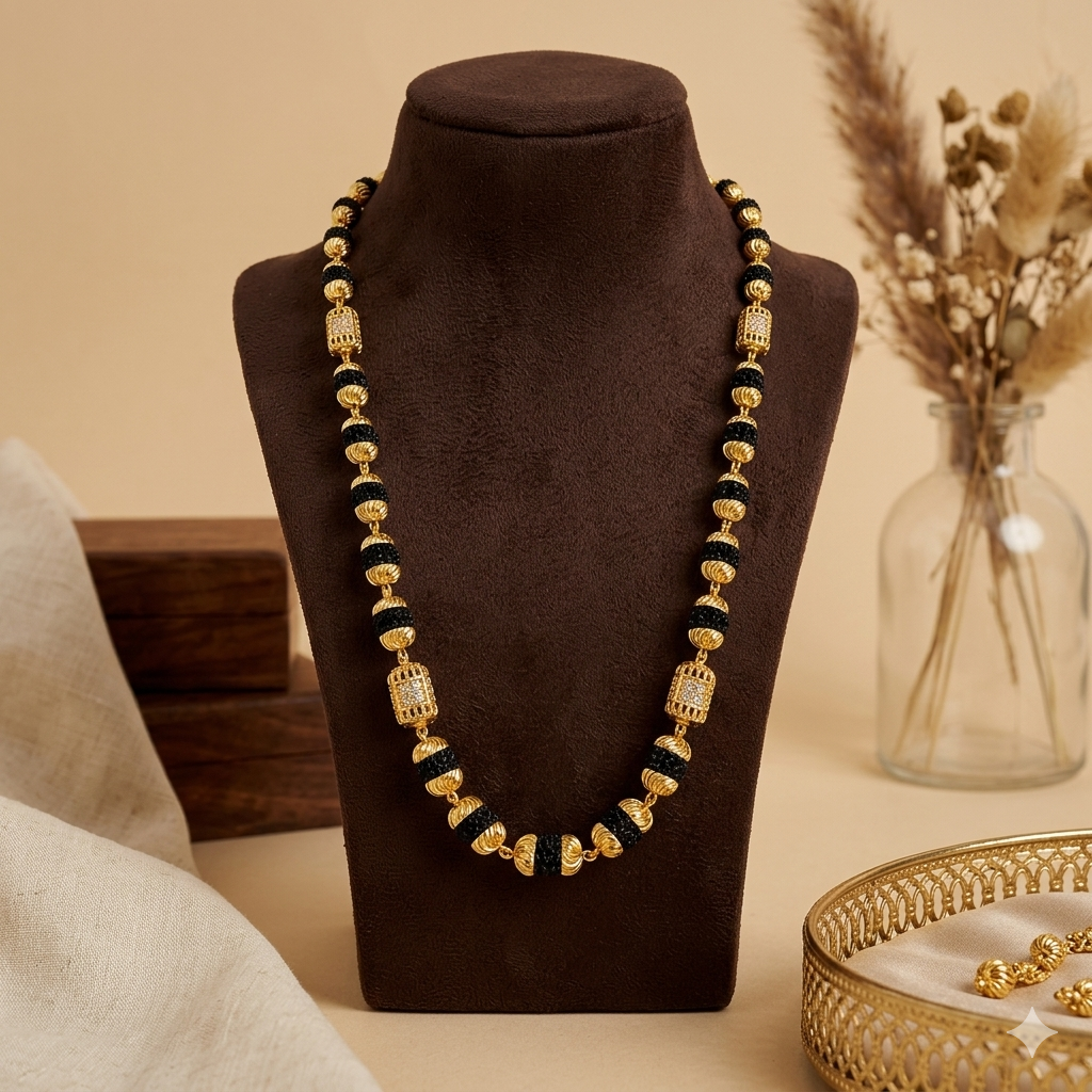 1 Gram Gold Plated - Premium Gold-Capped Rudraksha Mala with Designer Beads | SJ-RM-014