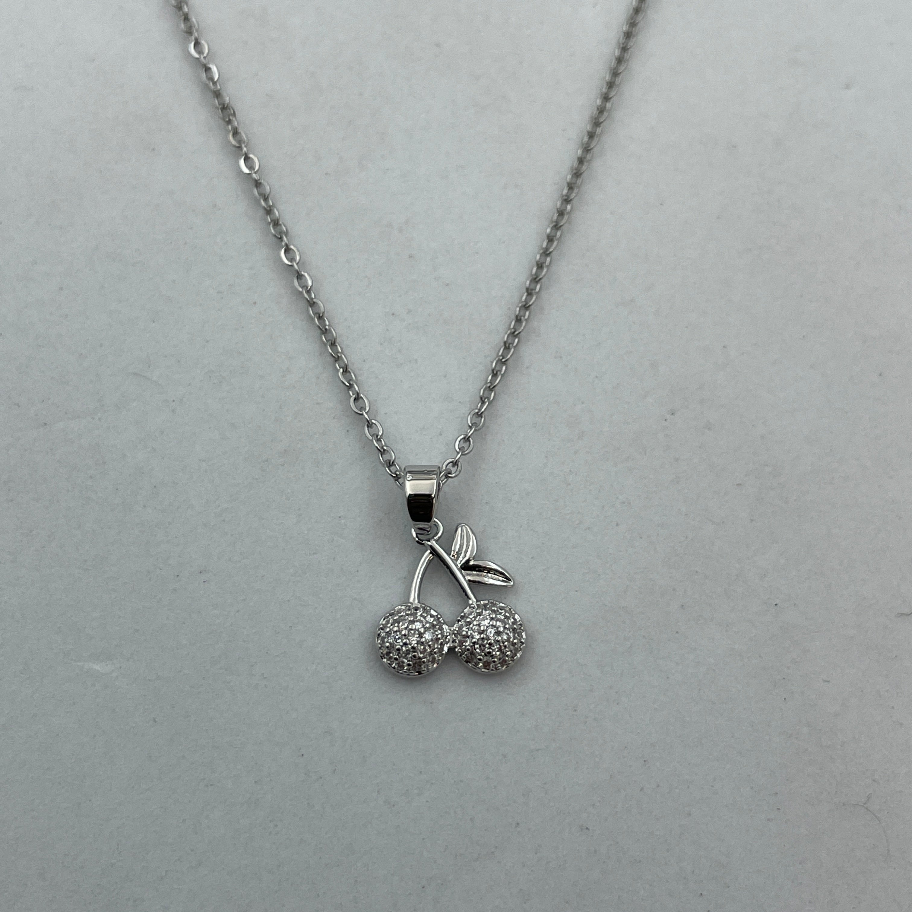 Diamond Cherry Pendant Necklace - Sterling Silver