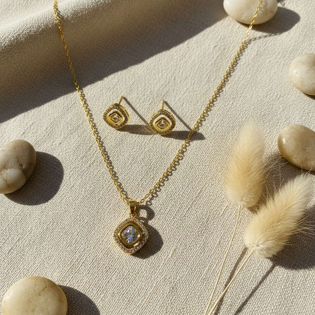 Cushion jewelry set diagonal overhead on beige linen
