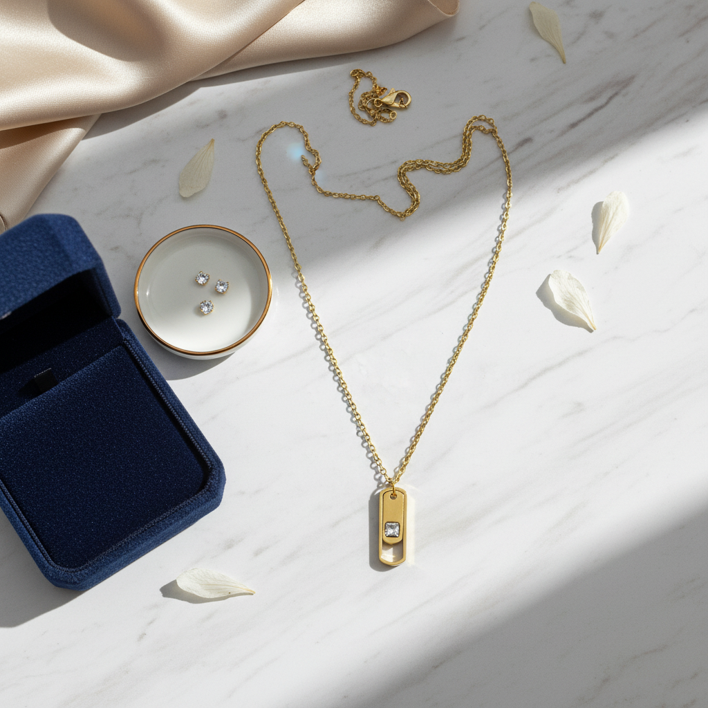 Dog tag pendant styled with luxury props