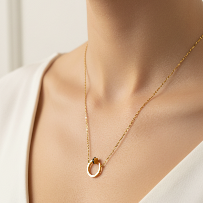 Gold Circle Pendant Necklace Worn