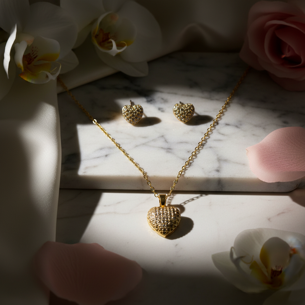 Gold heart jewelry set with 3D stones and elegant background