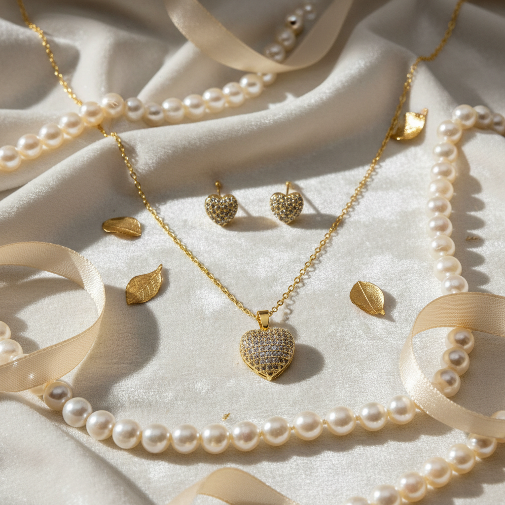 Gold heart jewelry set with alternative elegant background