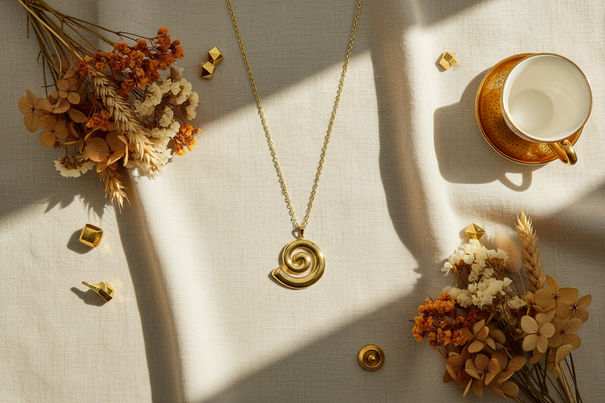 Gold spiral pendant - lifestyle flat lay