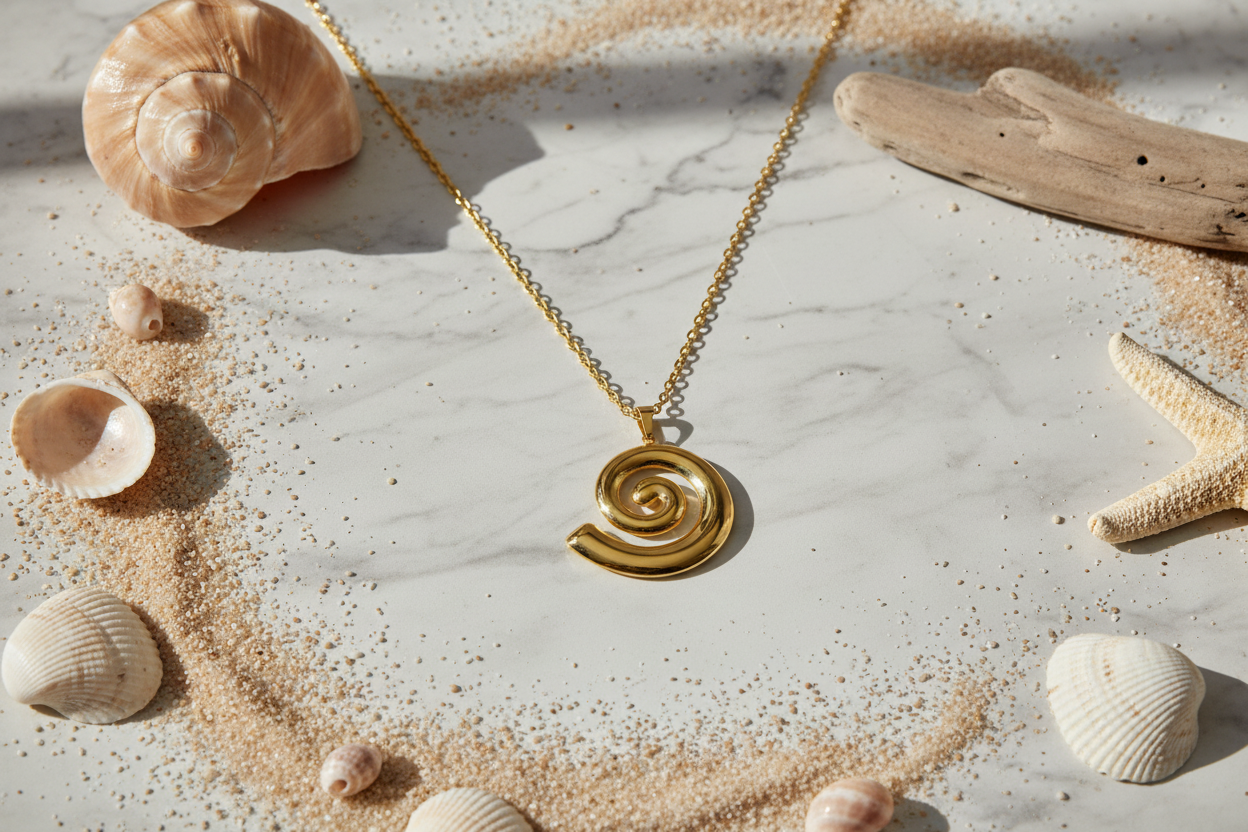 Gold spiral pendant - lifestyle with props