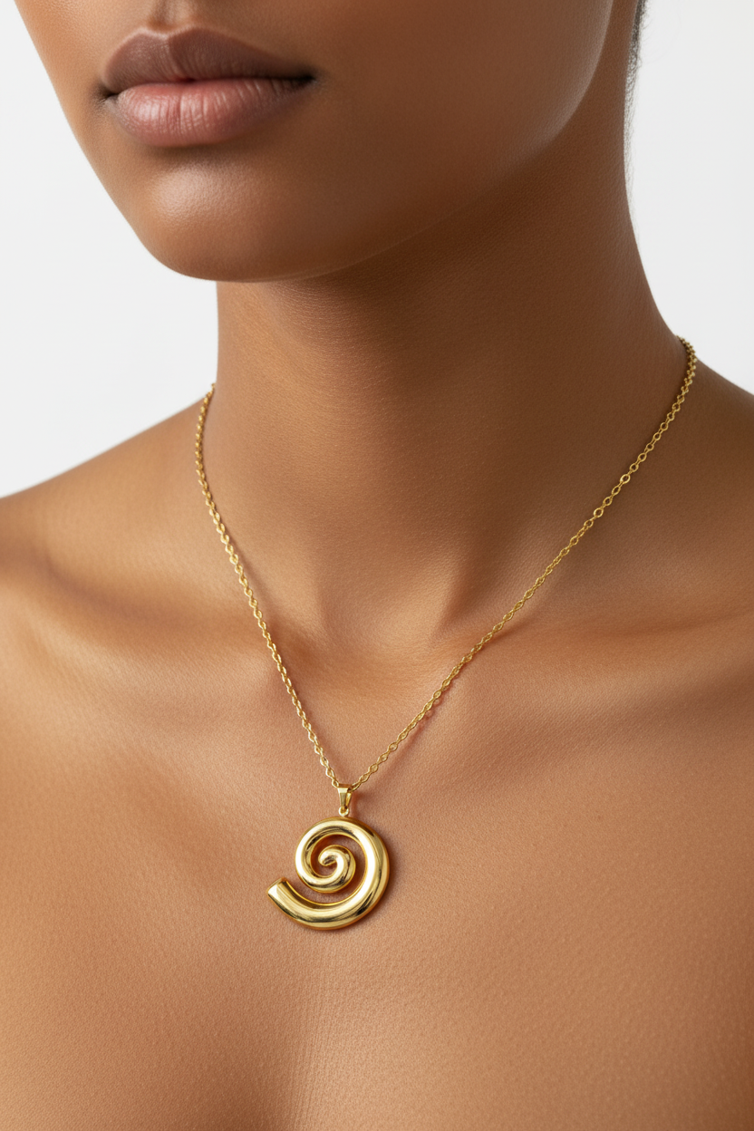 Gold spiral pendant - model closeup