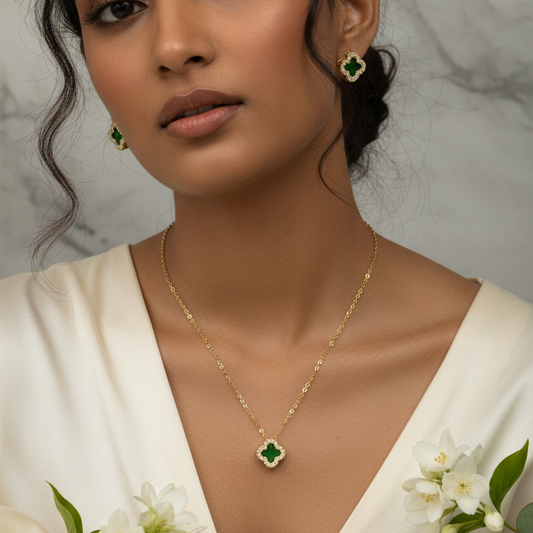 Green clover jewelry - front angle with props