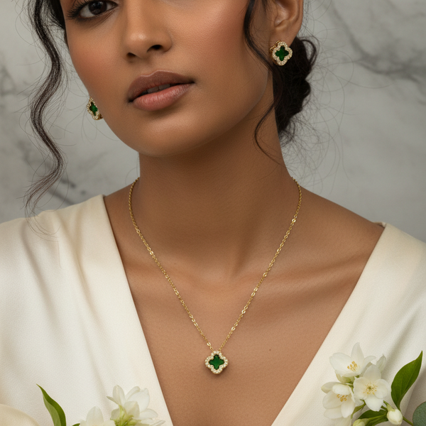 Green clover jewelry - front angle with props