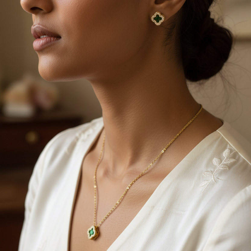 Green clover jewelry on Indian model