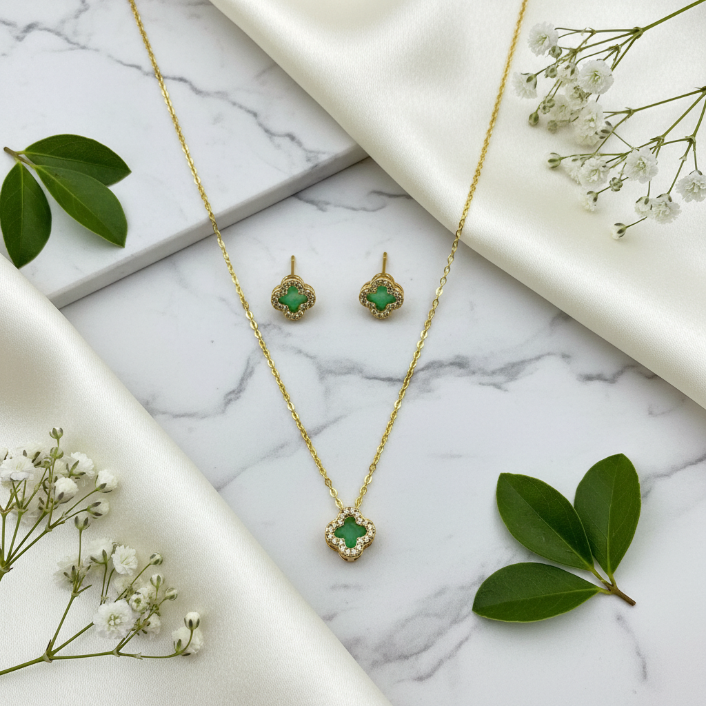 Green clover jewelry set with elegant background