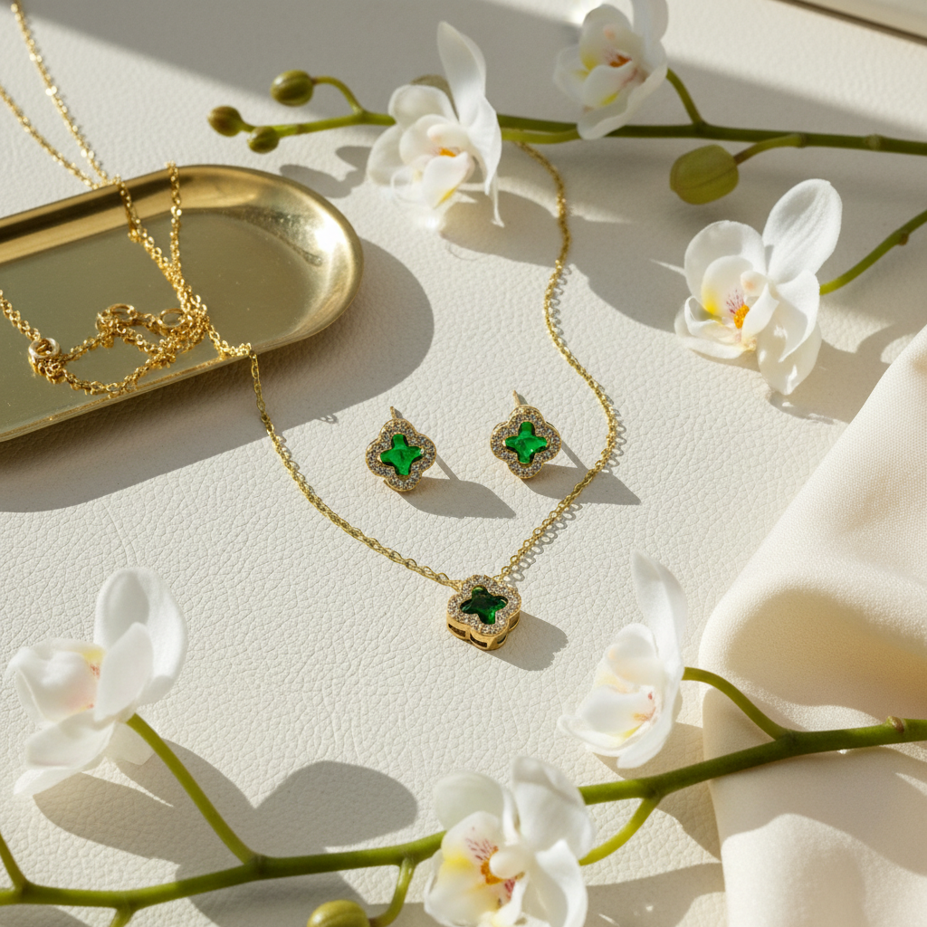 Green clover jewelry with luxury background