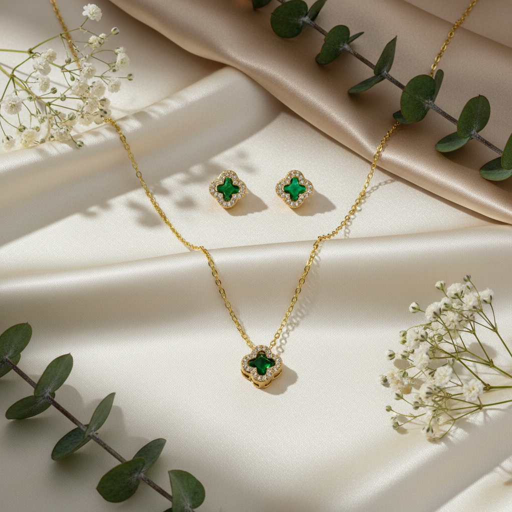 Green clover jewelry with velvet and botanicals