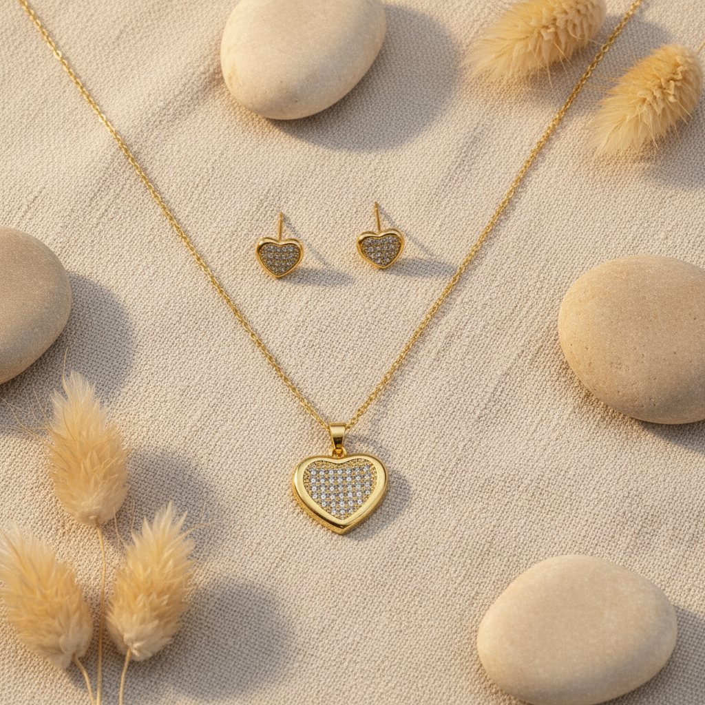 Heart jewelry set diagonal overhead on beige linen