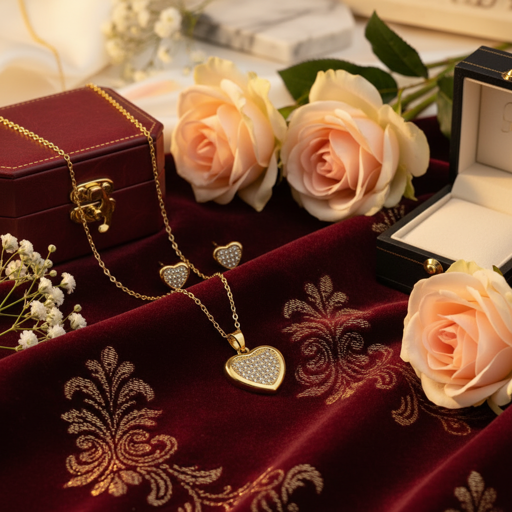 Heart jewelry set side view on burgundy velvet