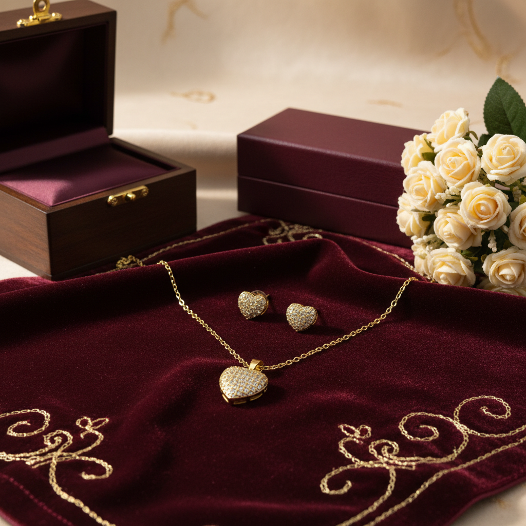 Heart jewelry set side view on burgundy velvet