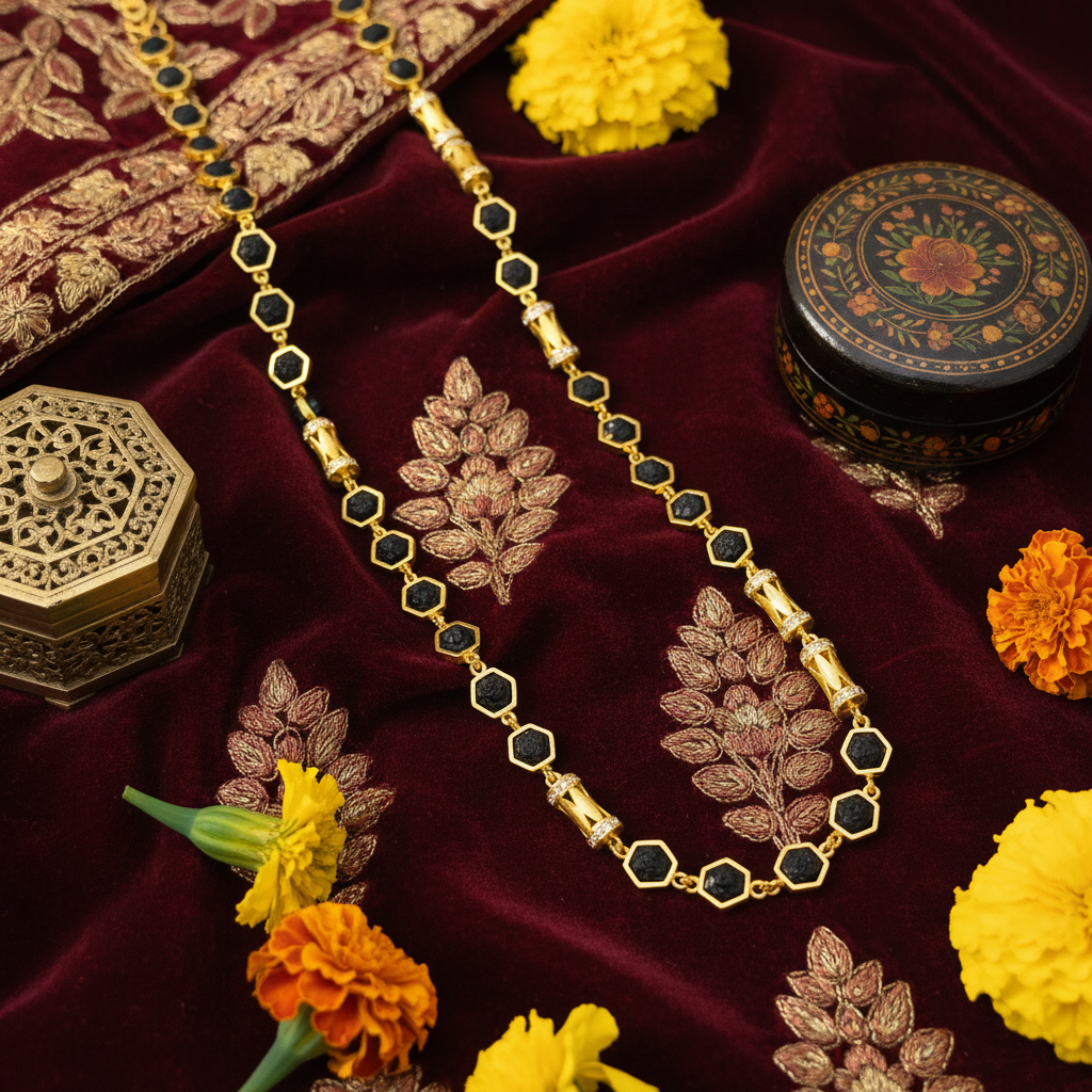 Hexagonal mala on burgundy velvet with marigolds