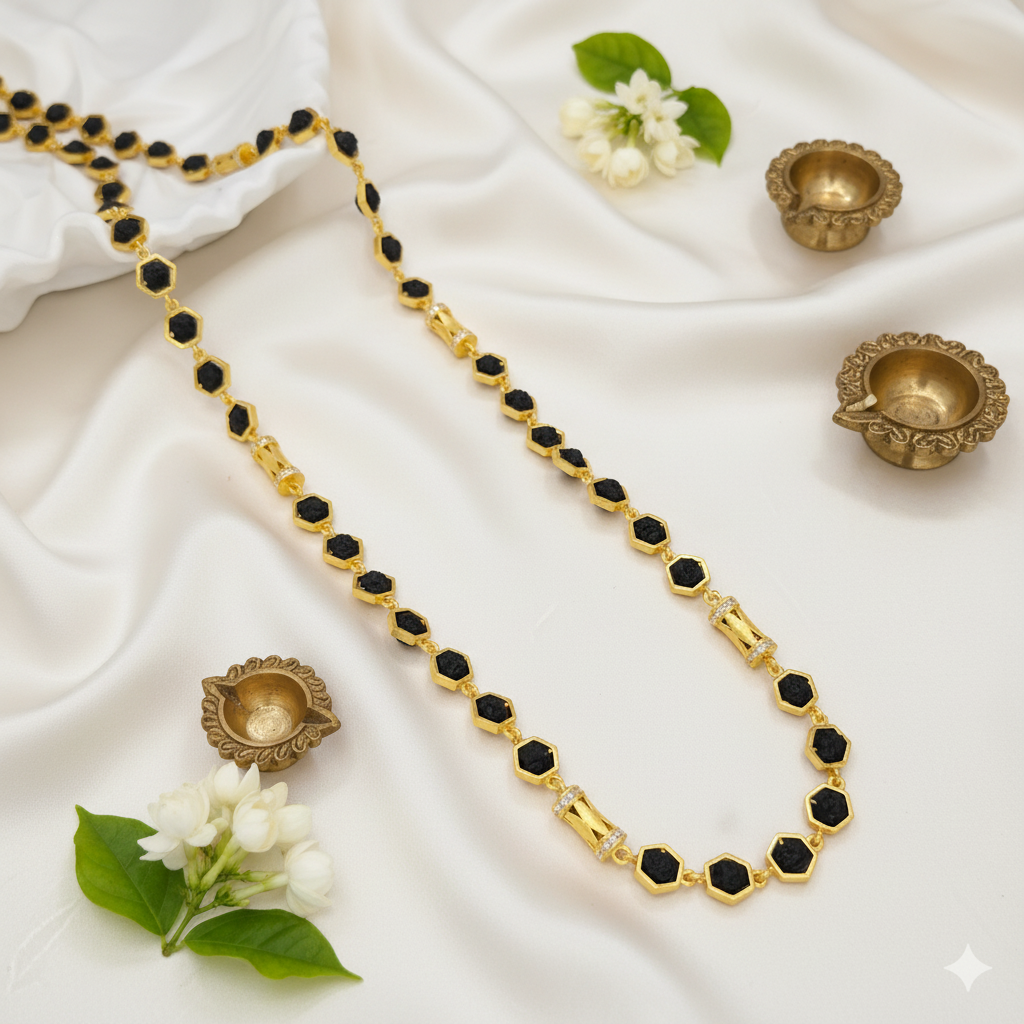 Hexagonal mala on cream silk with diyas and jasmine