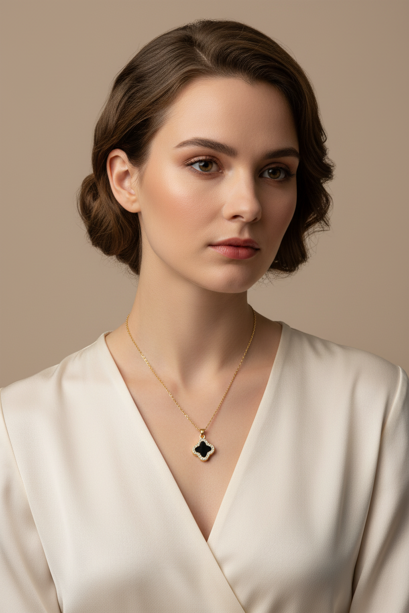 Model wearing black clover pendant necklace lifestyle shot