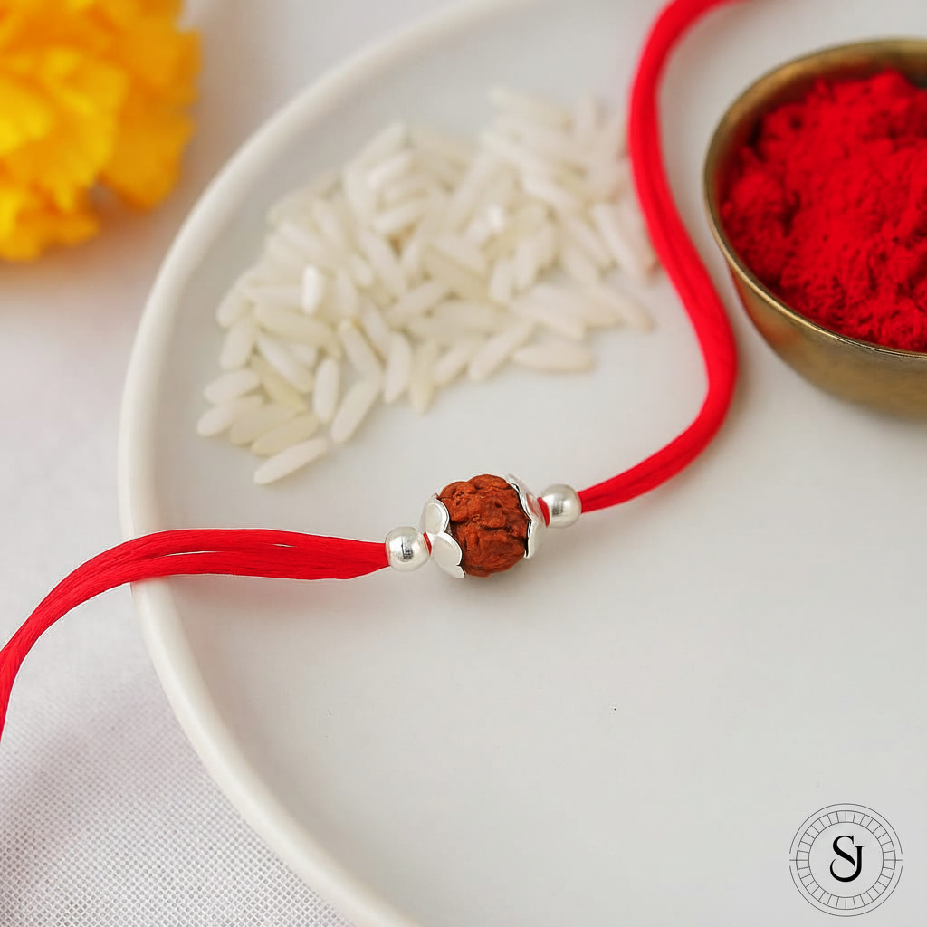 Sparsh Jewel Single Rudraksha Rakhi on white plate with kumkum and rice