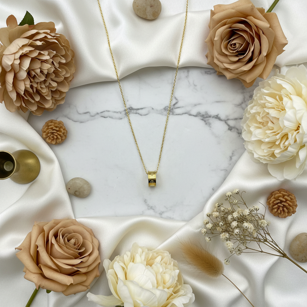 Cylindrical pendant necklace styled with elegant props on marble surface
