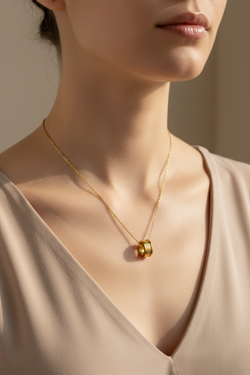 Model wearing luxury cylindrical pendant necklace