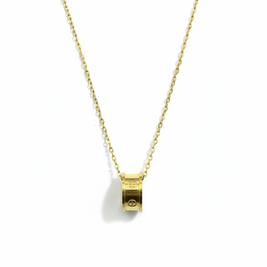 Cylindrical pendant necklace on clean white background - catalog style