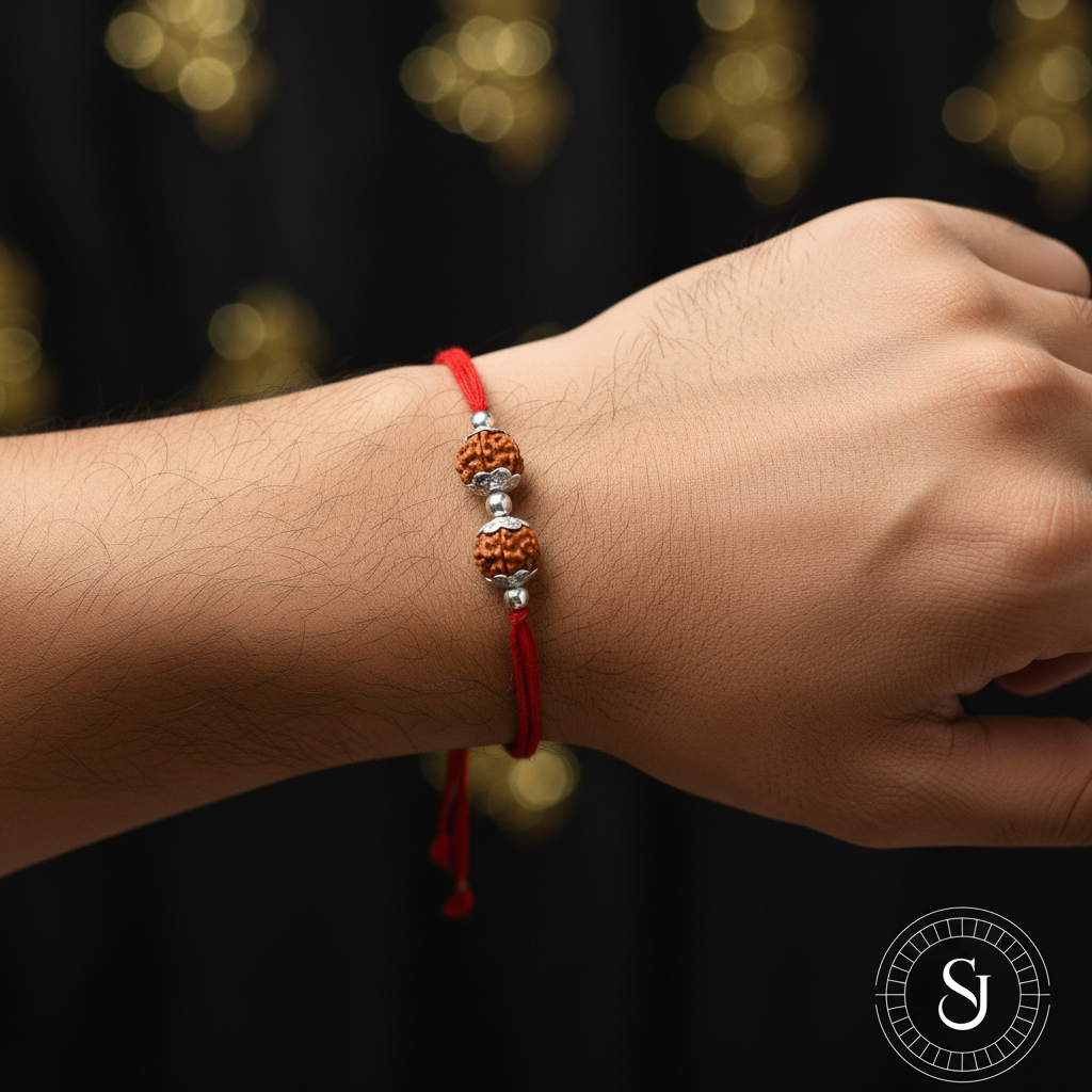 Sparsh Jewel Double Rudraksha Rakhi worn on wrist