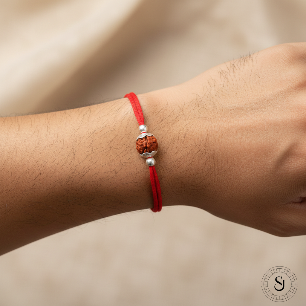Sparsh Jewel Single Rudraksha Rakhi worn on wrist
