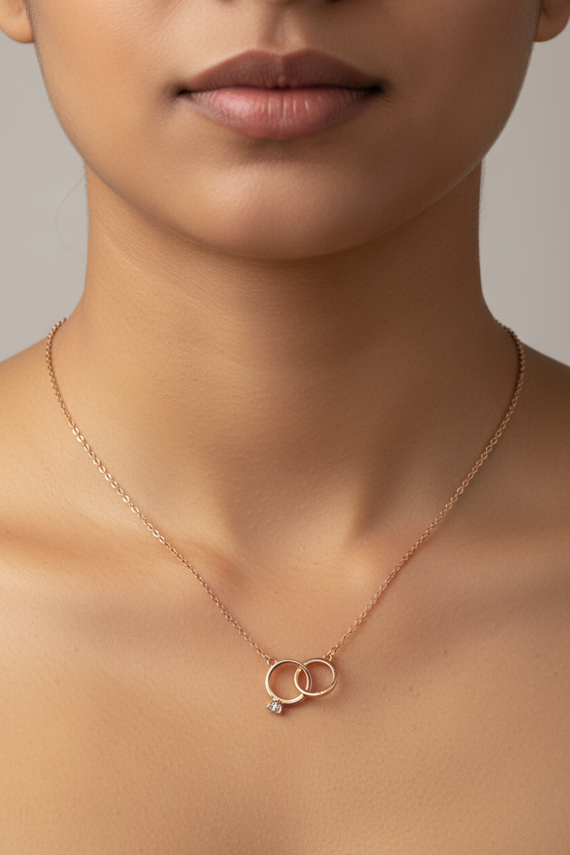 Indian model wearing interlocking rings pendant necklace closeup