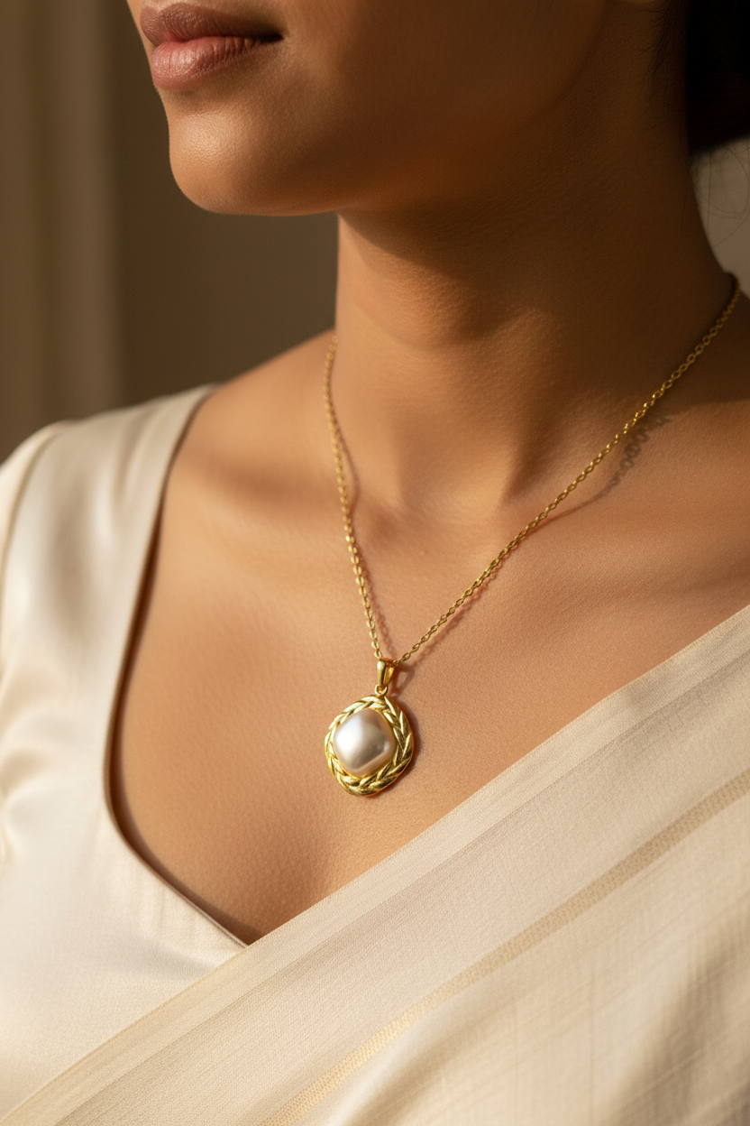 Indian woman neckline with pearl pendant