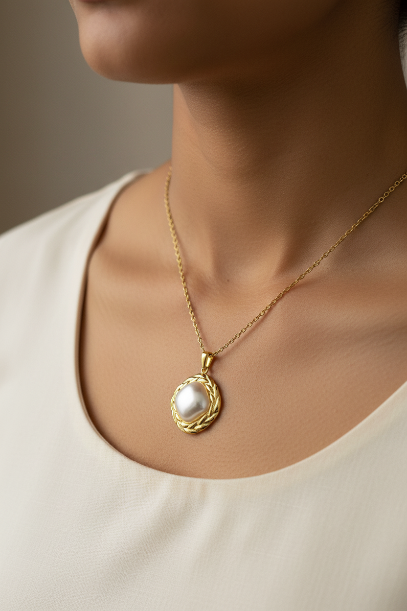 Indian woman wearing pearl pendant necklace closeup