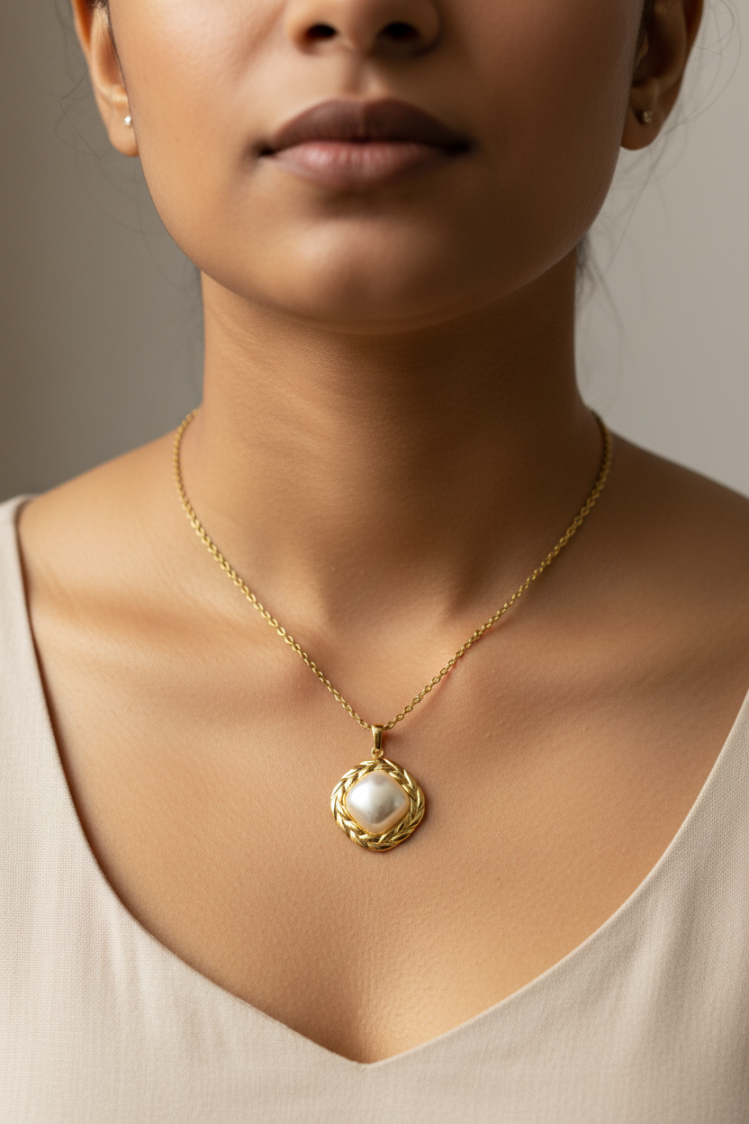 Indian woman wearing pearl pendant - shoulders closeup