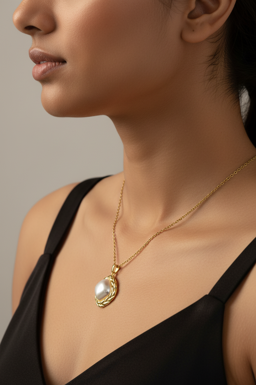 Indian woman wearing pearl pendant - side view