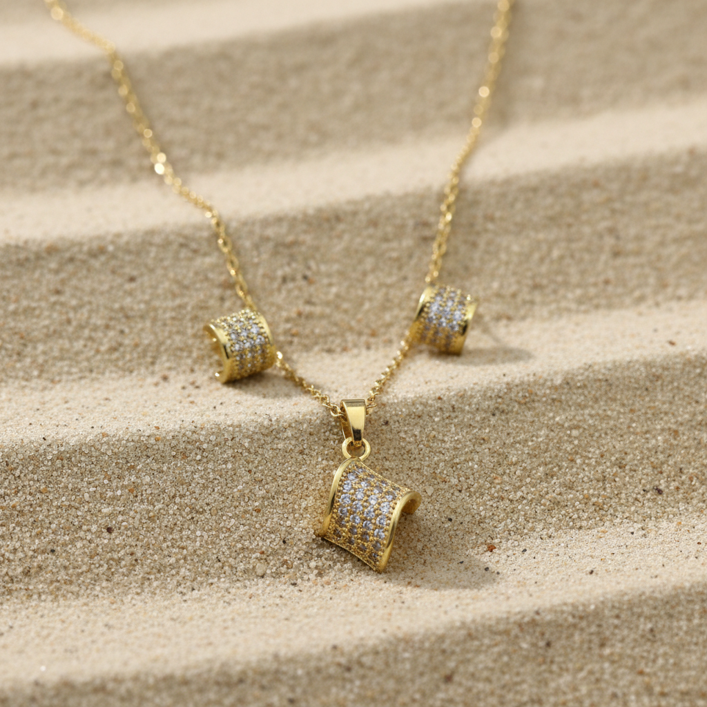 Jewelry set on sand background with studio lighting