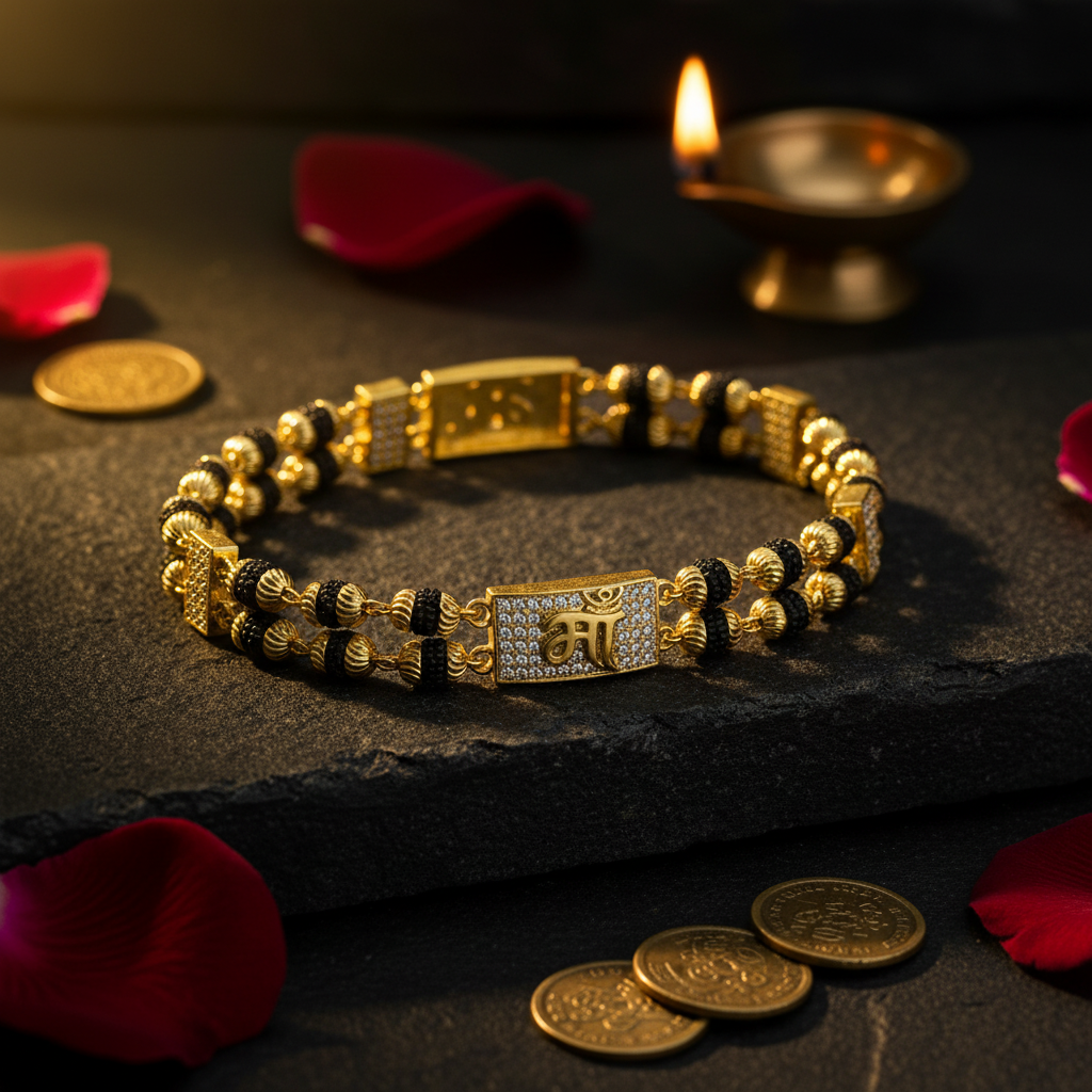 Gold Plated Maa Bracelet with Black Beads – SJ-BR-02
