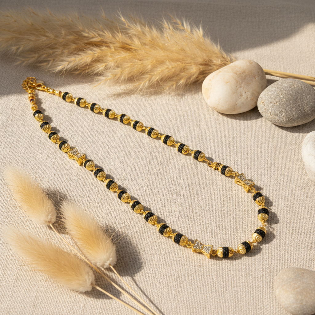 Mala on beige linen with pampas grass