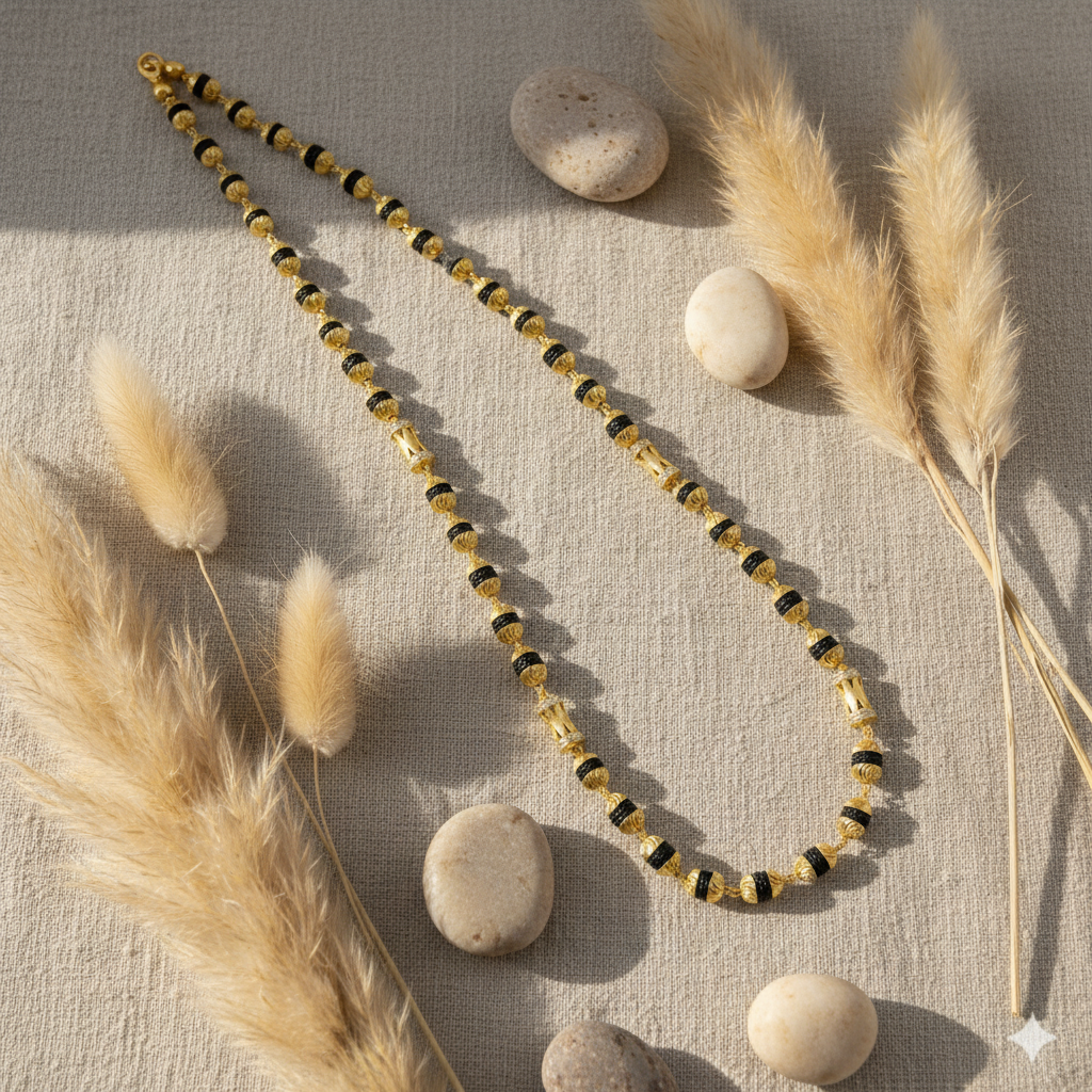 Mala on beige linen with pampas grass